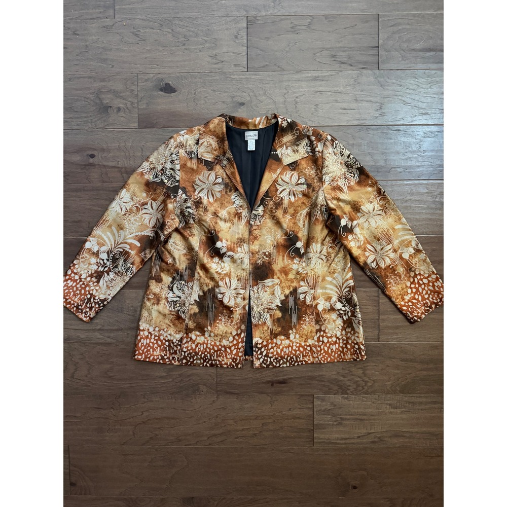Chicos Silk Blend Floral Sequin Blazer Jacket Brown Gold Size 3 Large XL